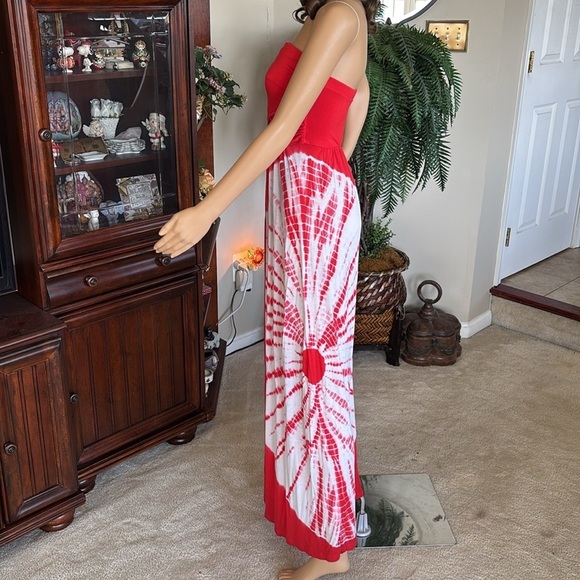 Sievergate Red & White Tie Dye Strapless Maxi Dress Rayon Stretch - Picture 5 of 16